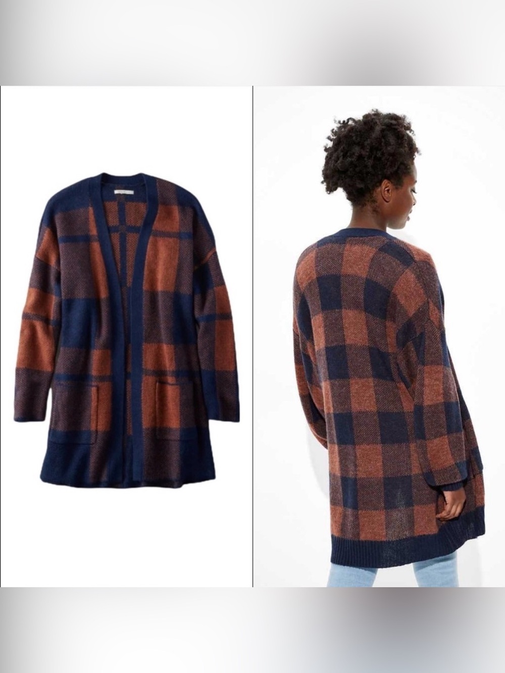American Eagle Buffalo Plaid Open Front Cardigan Wool Blend Women XS Orange